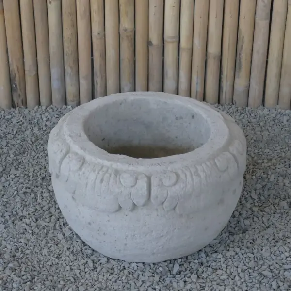 Product image 1 of the product “Balinese style flat round pot, with carving - 60 cm Dia., 35cm Height, Taro sand ”
